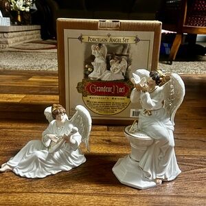 Grandeur Noel ~ White & Gold Porcelain Angel Set Christmas Mandolin & Dove ~ New